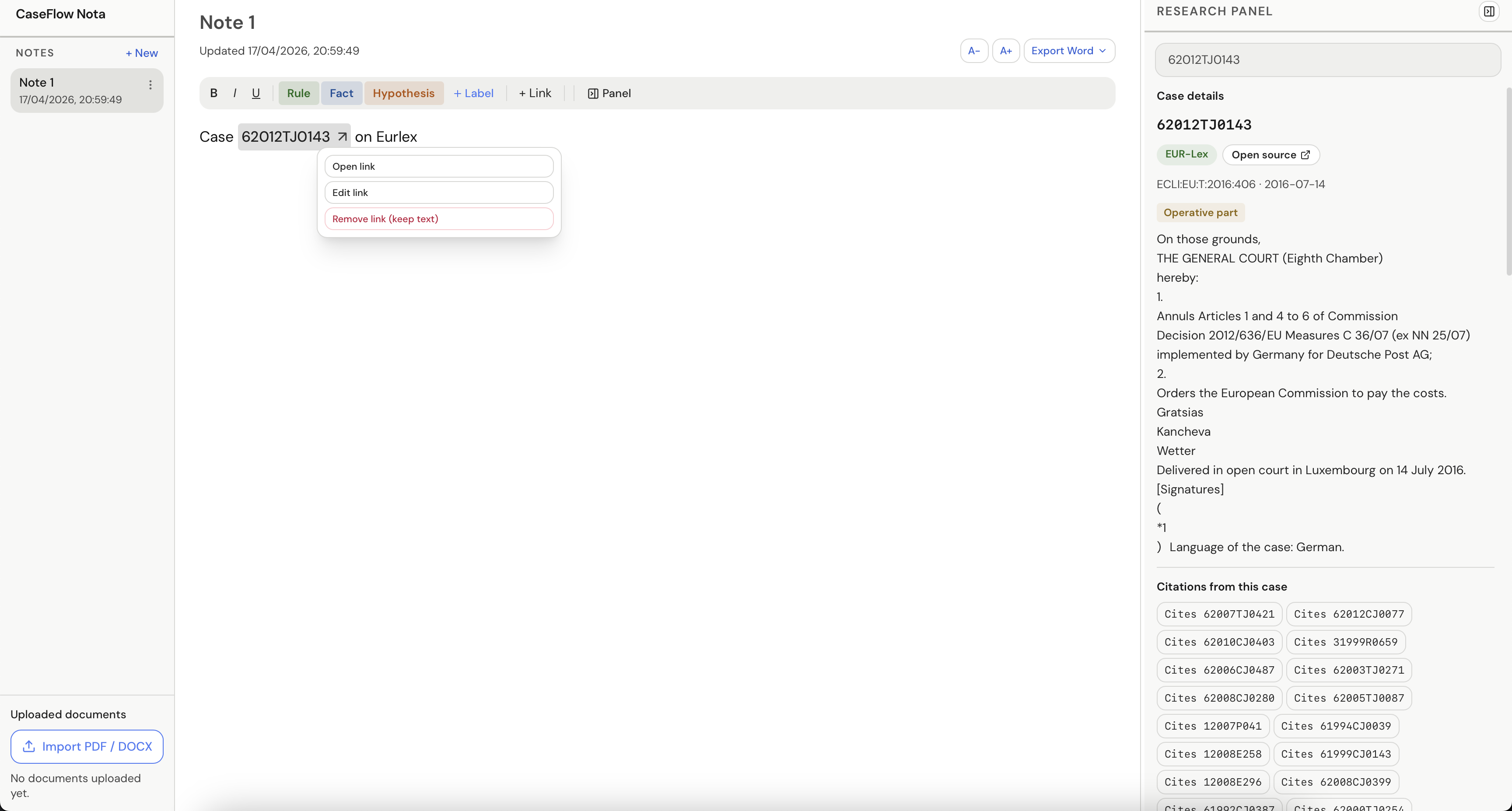 Note editor with a linked case chip and the link menu open