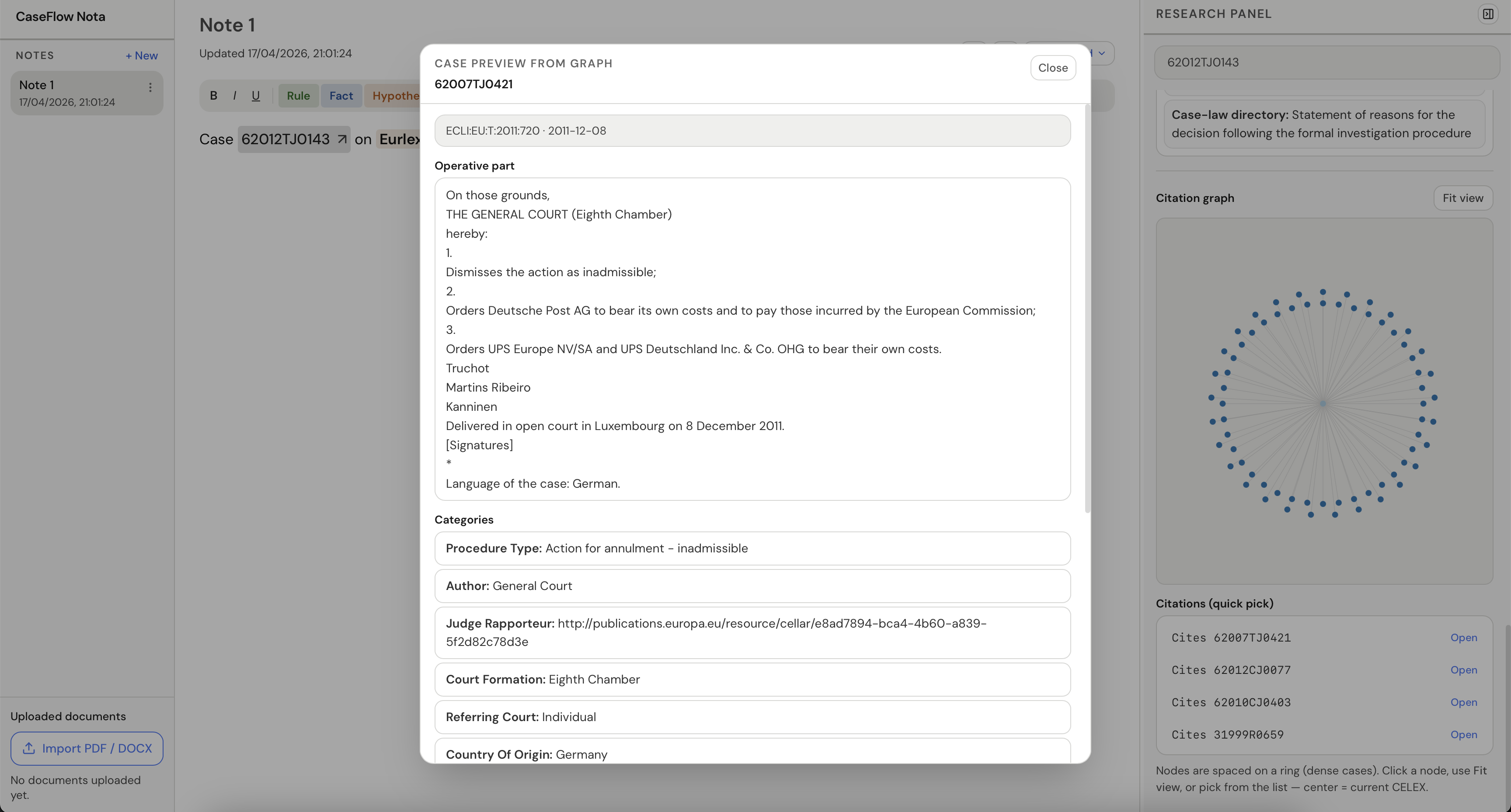 Case preview dialog with operative part and citation graph on the right