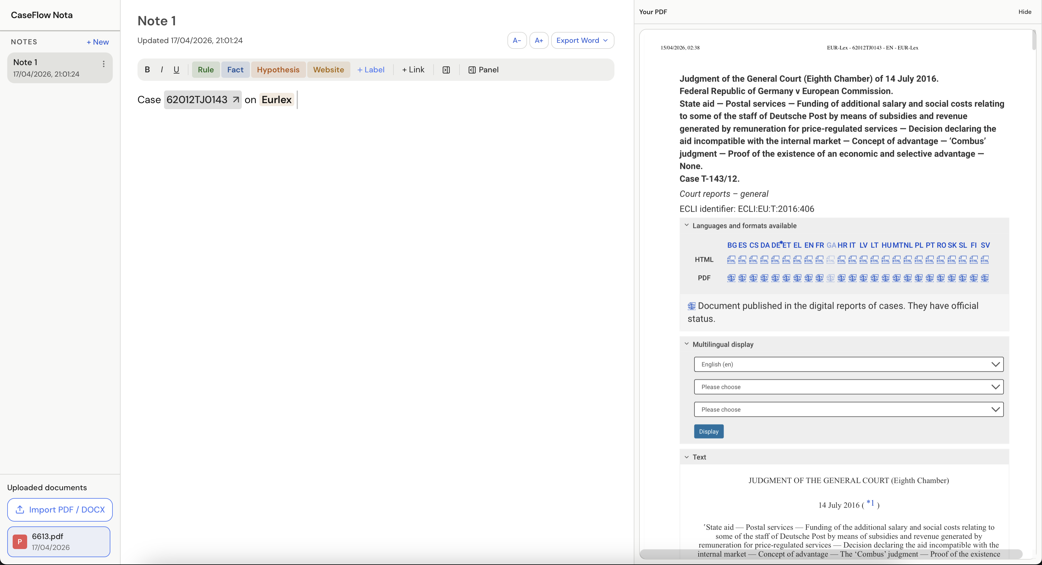 Note editor with an imported PDF shown side by side